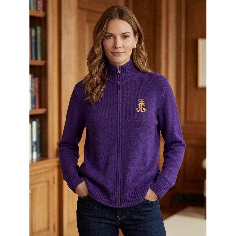 Lauren Ralph Lauren Purple Cotton Full Zip Mock Neck Crest Sweater 3X Plus Size